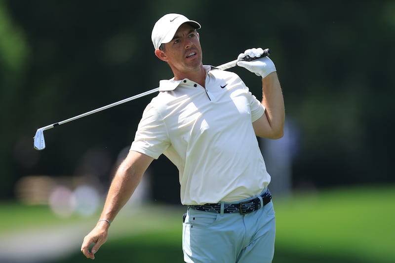 Rory McIlroy reacts to his second shot on the ninth hole during the final round of the PGA Championship. Photograph: David Cannon/Getty Images