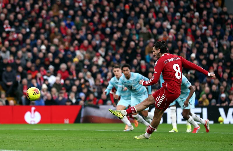 Dominik Szoboszlai misses a penalty for Liverpool. Photograph: Dan Istitene/Getty Images