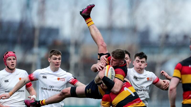 Oisín Dowling and Martin Mulhall of Lansdowne in action against Dublin University. Dowling is one of  three Lansdowne players in this week’s Leinster A squad. Photograph: Laszlo Geczo/Inpho