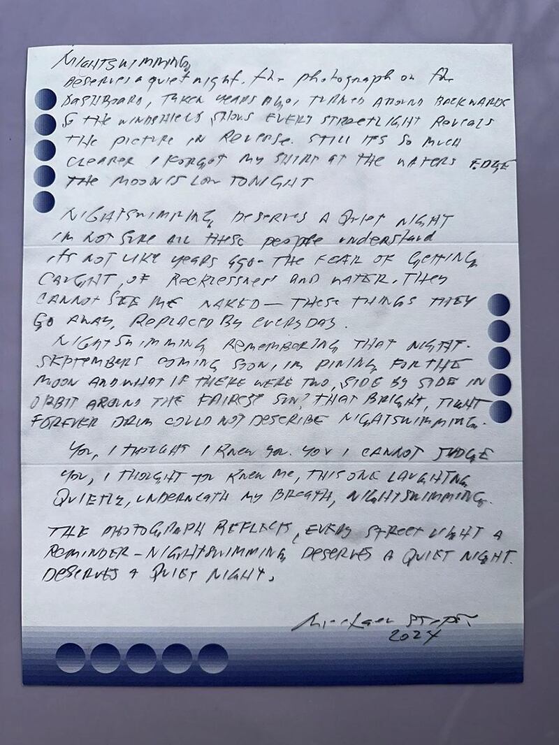 The Nightswimming lyrics sheet sold as part of Art for Gaza