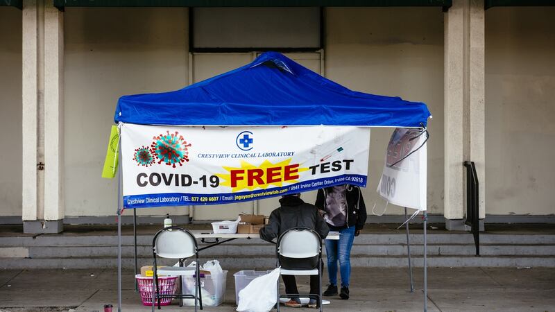 A coronavirus testing site in Los Angeles. Smell tests, unlike PCR. and antigen tests, would not diagnose the disease nor look for the virus directly. Photograph: Kendrick Brinson/The New York Times