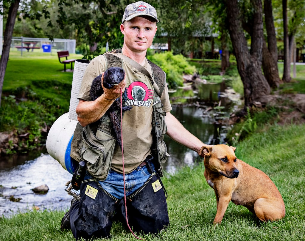 Joseph Carter, aka the Mink Man, with his mink Boon and his dog Bindi during a hunt at Fitts Park in Salt Lake City, in the US. Photograph: Kim Raff/The New York Times