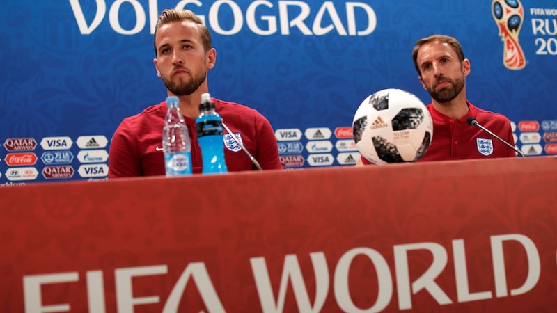 England’s Harry Kane and manager Gareth Southgate during a team press conference at Volgograd Arena on Sunday. Photograph: Reuters/Ueslei Marcelino