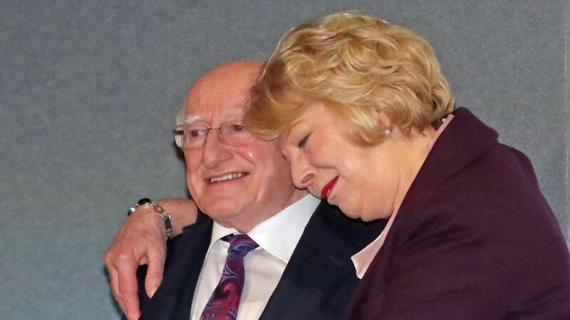 Michael D Higgins is hugged by his wife Sabina at Dublin Castle as he is announced as the winner of Ireland’s presidential election. Photograph: Niall Carson/PA Wire
