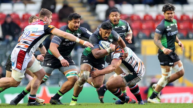 Connacht’s Bundee Aki is tackled by  James Whitcombe of Leicester during the Heineken Champions Cup  match at Welford Road. Photograph: James Crombie/Inpho