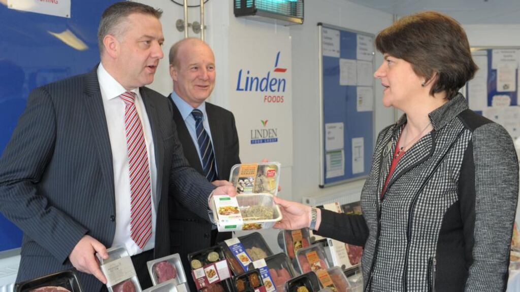 NI Minister for Enterprise Arlene Foster (right) with Linden Foods chairman Trevor Lockhart and managing director Gerry McGuire. Photo: PA