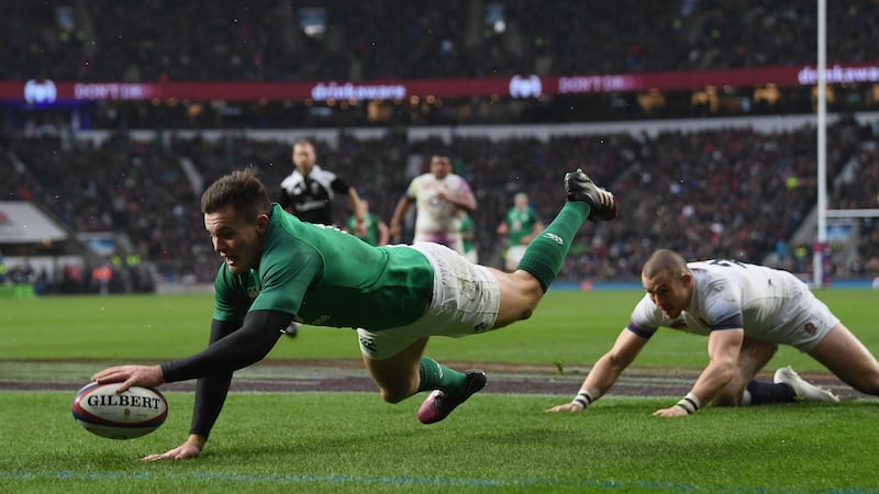 Ireland’s  Jacob Stockdale  scores his side’s third try against England   at Twickenham  in March 2018. His uncanny ability to make something happen and   uncanny eye for the try line make him Gerry Thornley’s top northern hemisphere player. Photograph:  Shaun Botterill/Getty Images