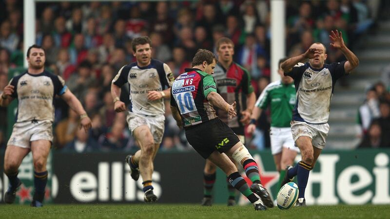 Harlequins’ Nick Evans attempts a last-minute drop goal during the Heineken Cup quarter-final at The Twickenham Stoop in April 2009. Photograph: Billy Stickland/Inpho