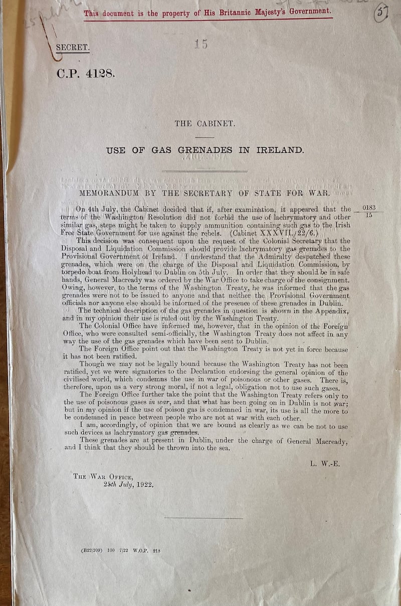 A memo to the British cabinet from secretary of state for war Laming Worthington-Evans.