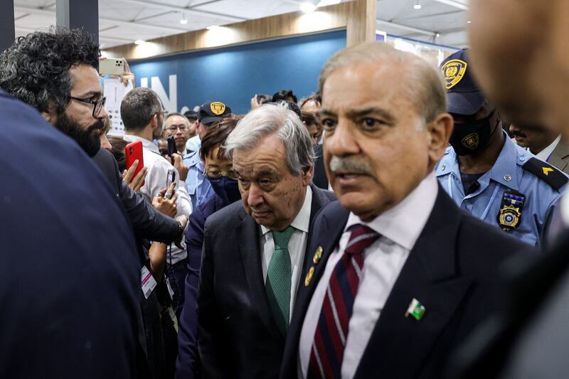 Pakistan's prime minister Shahbaz Sharif (right) with UN secretary general António Guterres at the Cop27 climate conference at Sharm el-Sheikh in Egypt. Photograph: Fayez Nureldine/AFP/Getty