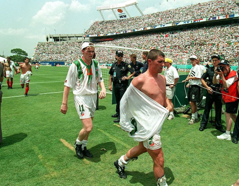 Ireland’s Roy Keane and Steve Staunton leave the pitch after the defeat to Mexico at the Citrus Bowl in Orlando, Florida during the 1994 World Cup. Photograph: Billy Stickland/Inpho