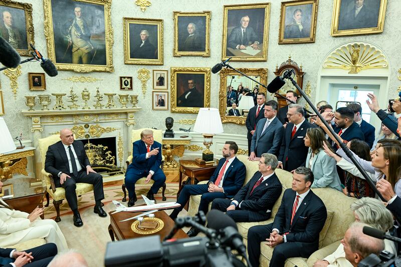 US president Donald Trump takes questions from reporters during a meeting with president of Lebanon Joseph Aoun at the White House in Washington on Tuesday. Photograph: Kenny Holston/The New York Times
                      