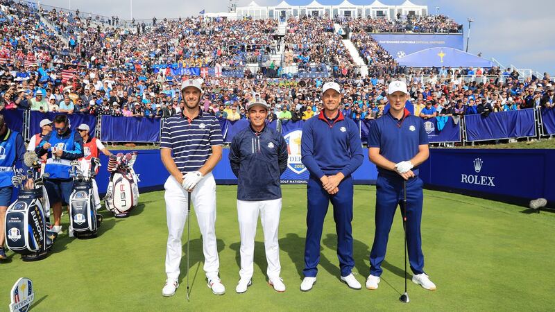 Dustin Johnson and  Rickie Fowler of the United States pose with European duo Justin Rose  and Henrik Stenson ahead of their foursomes match at the 2018 Ryder Cup at Le Golf National in Paris. Photograph:  Andrew Redington/Getty Images