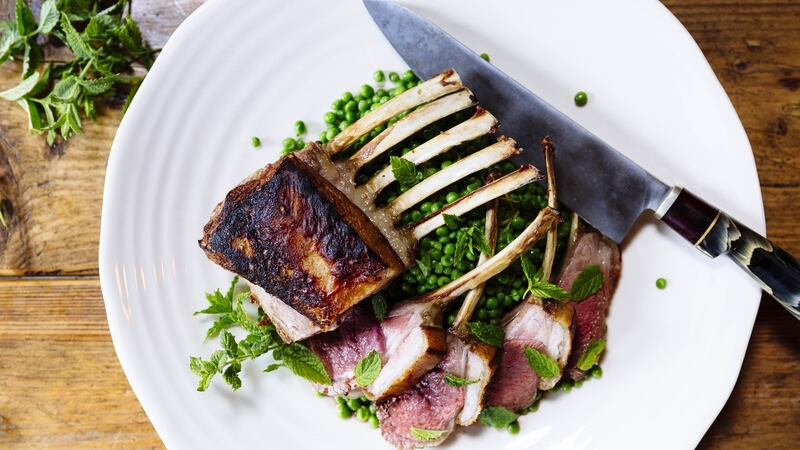 Rack of lamb with braised lemon and mint peas. Photograph:  Emma Jervis