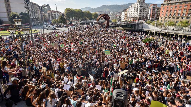 Hundreds of people gather to protest against climate change politics in Bilbao, Spain on Friday. Photograph: EPA/Miguel Tona