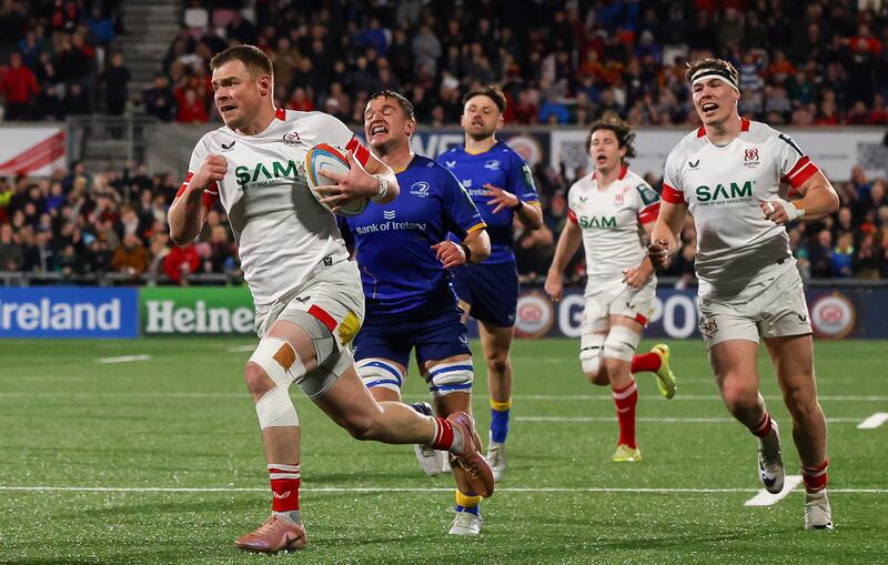 Ulster’s Zac Ward makes a break for the try line against Leinster during last Friday's URC clash at Affidea Stadium, Belfast. Photograph: Grace Halton/Inpho