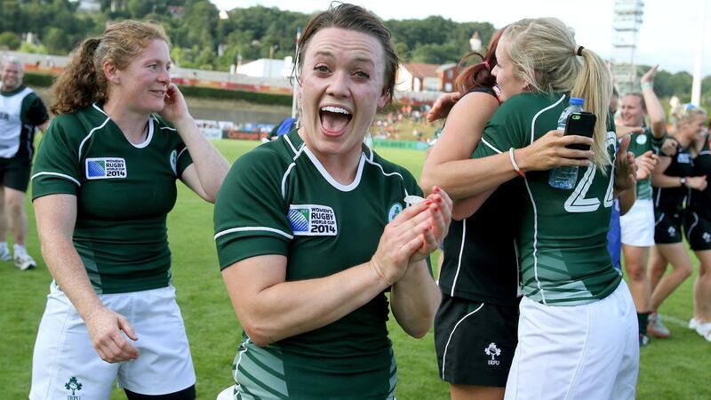 Lynne Cantwell celebrates after Ireland’s win over New Zealand at the 2014 Women’s Rugby World Cup in Paris. Photograph: Dan Sheridan/Inpho