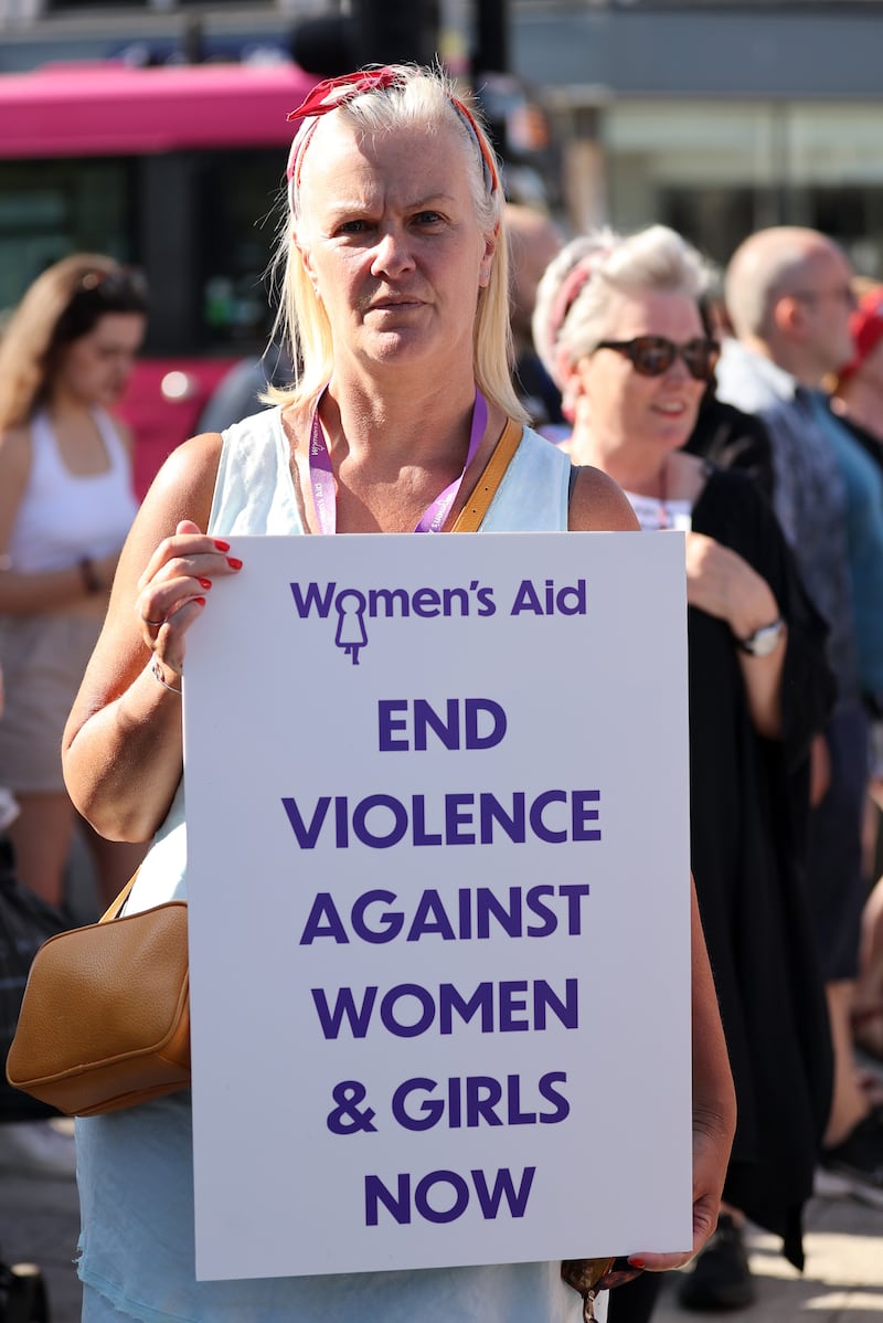 Sonya McMullan from Women's Aid attends a vigil outside Belfast City Hall to mark the death of Chloe Mitchell and violence against women. Photograph: Liam McBurney/PA Wire