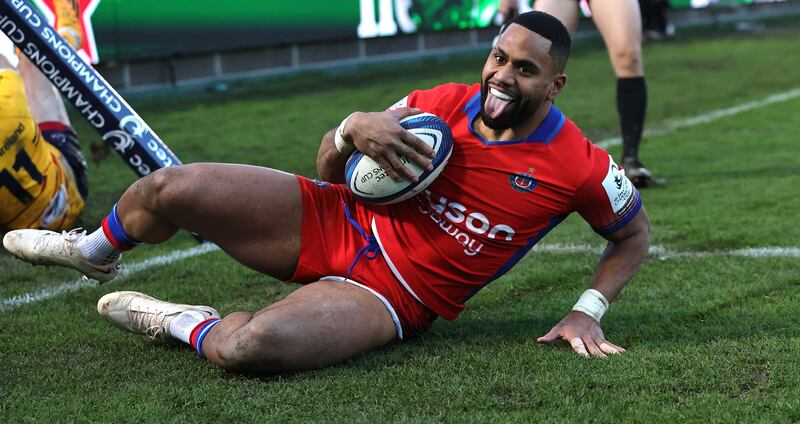 Bath's Joe Cokansiga celebrates scoring a try. Photograph: David Rogers/Getty Images