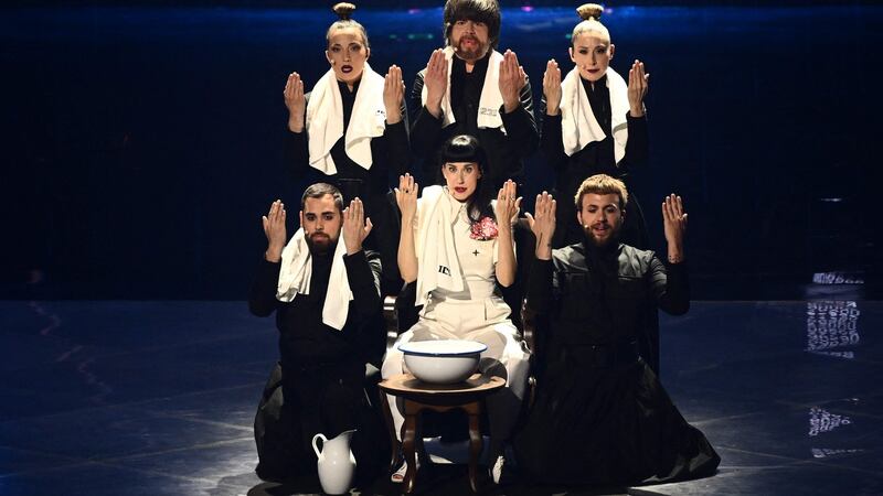 Singer Konstrakta  performs on behalf of Serbia. Photograph:  Marco Bertorello / AFP