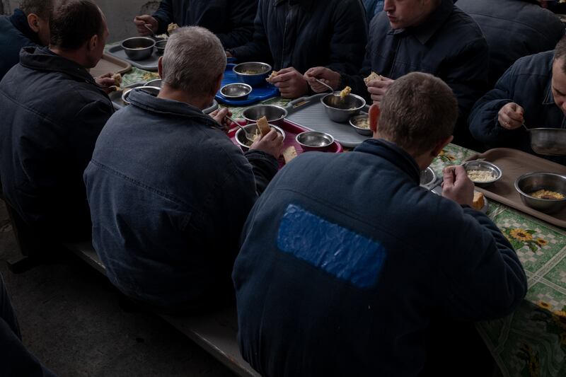 Russian prisoners of war eat lunch at a prison camp in western Ukraine, February 6th, 2023. Poorly trained Russian soldiers captured by Ukraine describe being used as cannon fodder by commanders throwing waves of bodies into an assault. Photograph: Nicole Tung/The New York Times