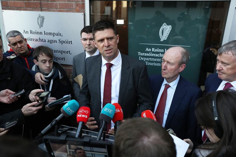 FAI interim deputy chief executive Niall Quinn (centre) speaks to the media alongside Minster for Sport Shane Ross on Thursday. Photograph: Nick Bradshaw/The Irish Times