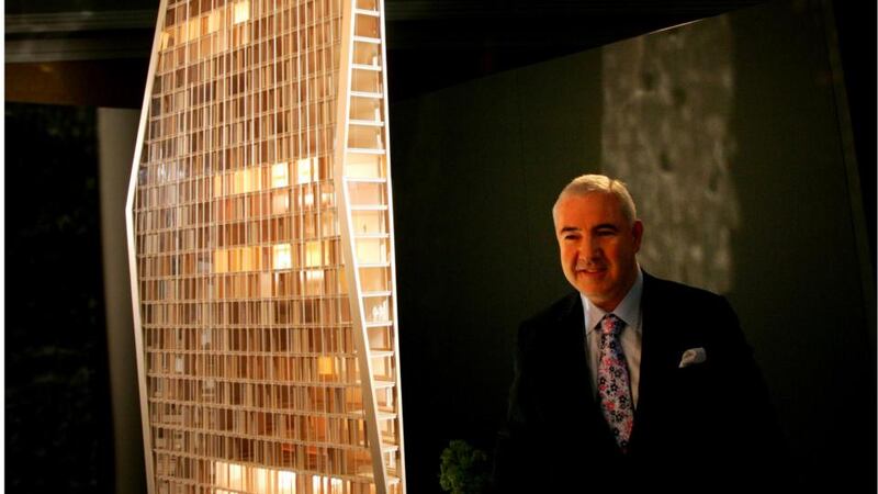 Sean Dunne with a model for the proposed development on the site. Photograph: Bryan O’Brien/The Irish Times