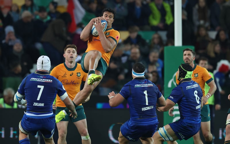 Joseph-Aukuso Suaalii of Australia catches a high ball during the Quilter Nations Series 2025 match between Italy and Australia at Stadio Friuli on November 08, 2025 in Udine, Italy. Photograph: Timothy Rogers/Getty Images