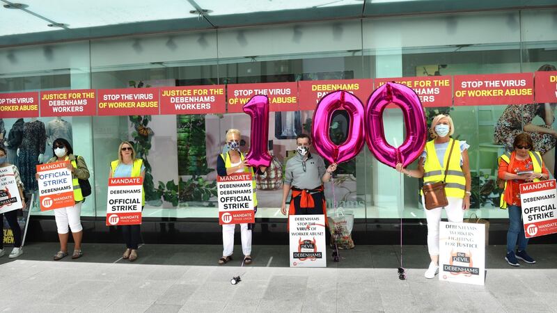 Former Debenhams staff rally outside the store on Henry Street in Dublin. Photograph: Dara Mac Dónaill/The Irish Times
