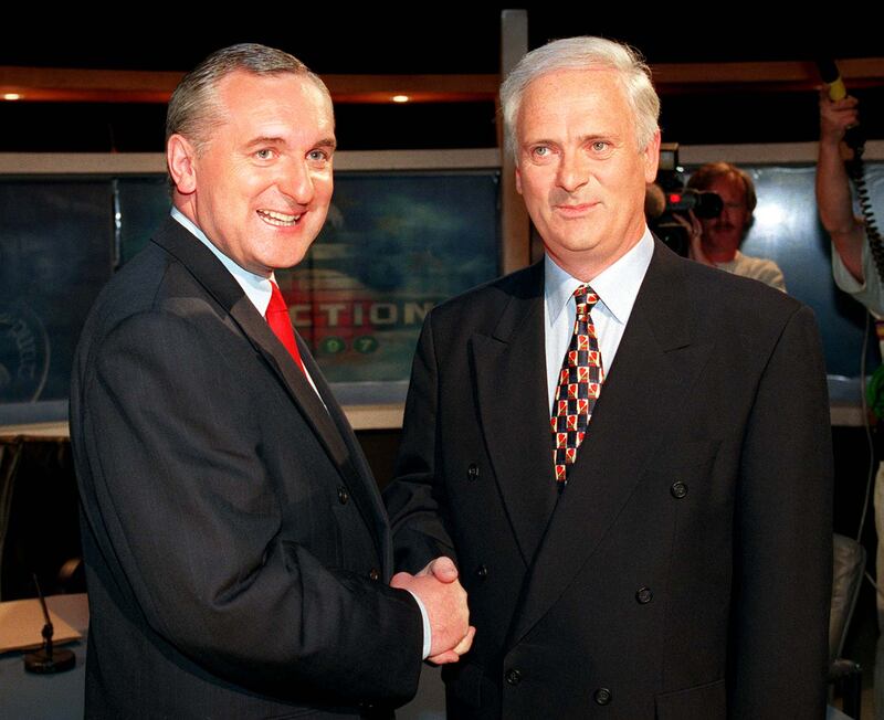 Then Fianna Fáil leader Bertie Ahern and then taoiseach John Bruton in the RTÉ Prime Time stuido for a TV debate ahead of the 1997 general election. Photograph: David Sleator
