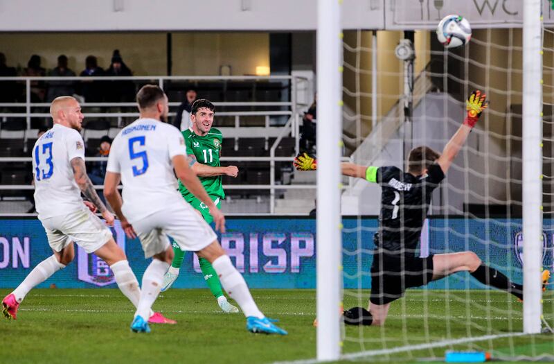 Robbie Brady scores Ireland's late winner in Helsinki. Photograph: Ryan Byrne/Inpho