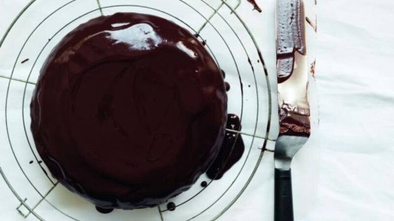 Chocolate and coffee ganache liberally applied to a Baileys chocolate cake.