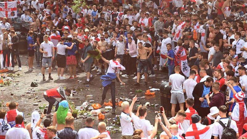 England fans engaging in antisocial behaviour in  in Leicester Square on July 11th, 2021 in London, on the day of the European Championship final against Italy. Photograph:  Dave J Hogan/Dave J Hogan/Getty Images