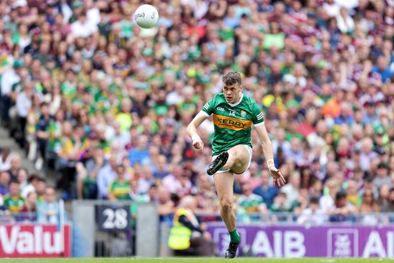 Kerry's David Clifford cool under pressure while taking a free.
Photograph: Laszlo Geczo/Inpho
