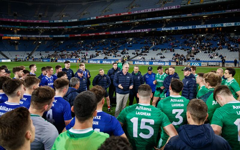 GAA president Jarlath Burns speaks to both teams after the game. Photograph: Ben Brady/Inpho