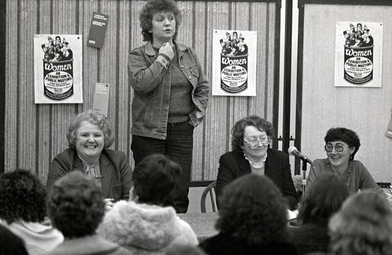 Sylvia Meehan speaking in a Womens Group public meeting with Monica Barnes, Nell McCafferty and Anna Gilmartin. Photograph: Derek Speirs