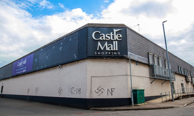 Graffiti on a wall of the Castle Mall shopping centre in Antrim. Photograph: Liam McBurney/PA Wire