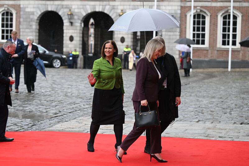 President of Sinn Féin Mary Lou McDonald and First Minister of Northern Ireland Michelle O’Neill arrive for the inauguration of Catherine Connolly at Dublin Castle. Photograph: Charles McQuillan/Getty Images