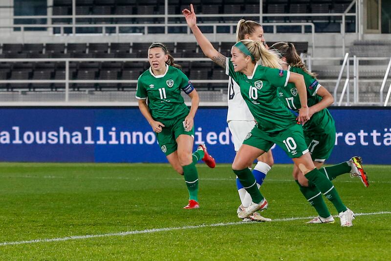 Ireland's Denise O'Sullivan celebrates after scoring in their World Cup qualifier against Finland in Helsinki Olympic Stadium on October 26th, 2021. Photograph: Kalle Parkkinen/Inpho