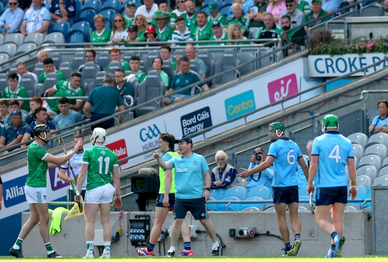 Dublin’s Chris Crummey leaves the field after being red carded. Photograph: James Crombie/Inpho