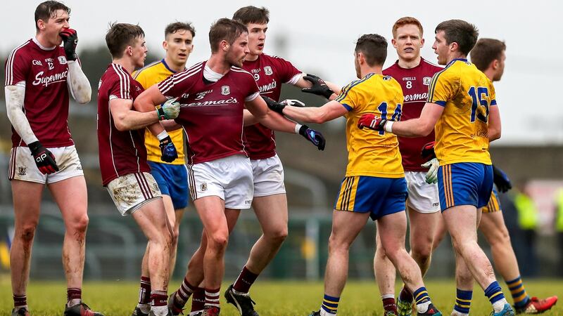 Tempers flare between Roscommon and Galway players during the Connacht FBD League final at Hyde Park in February.  Photograph: Laszlo Geczo/Inpho