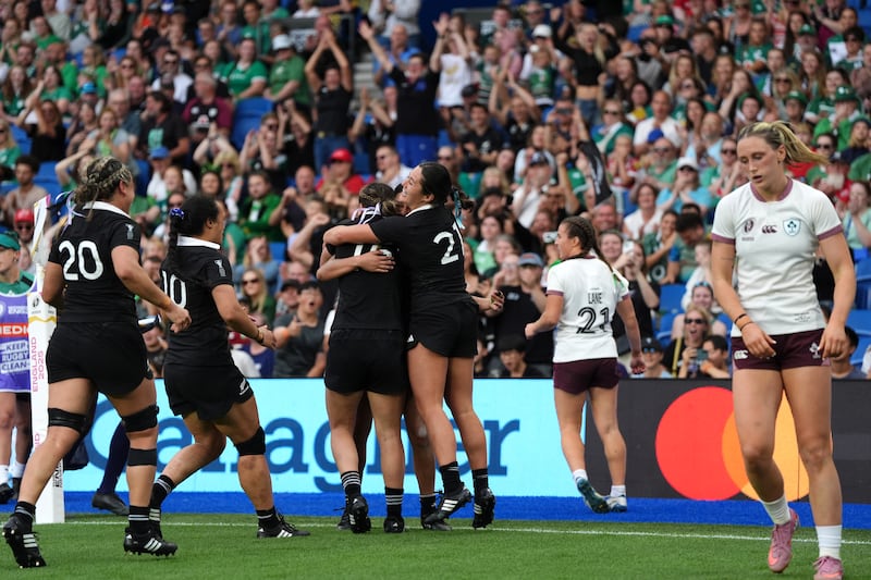 New Zealand celebrate scoring a try during their comprehensive defeat of Ireland in Brighton on Sunday. Photograph: Ben Whitley/PA Wire