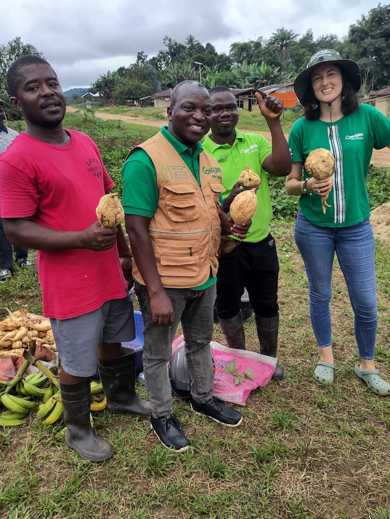 Ciara Begley with farmer Ibraham S Browne (in red shirt), next to Isaac Bartune, programme manager for Concern, and Joe Gartor, agriculture expert from Liberian charity SHED