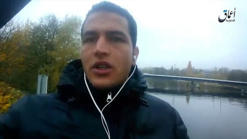 Video screen-grab bearing the logo of Islamic State group-linked Amaq News Agency shows Berlin truck attacker Anis Amri pledging allegiance to IS. Photograph: AFP/Getty Images