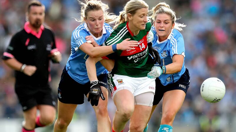 Cora Staunton in action during Mayo’s defeat to Dublin in the Ladies Senior All-Ireland Football Championship Final at Croke Park. Photograph: Ryan Byrne/Inpho
