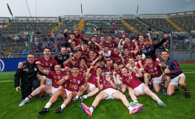 Westmeath celebrate with the Delaney Cup after beating Dublin in the Leinster final. Photograph: James Crombie/Inpho