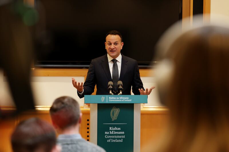 Taoiseach Leo Varadkar at a pre-Christmas media briefing in Government Buildings, Dublin. He said he intended to travel to Northern Ireland early in the new year as he signalled that securing a deal to resolve the impasse over the protocol was his priority. Photograph: Government Information Service/PA Wire 