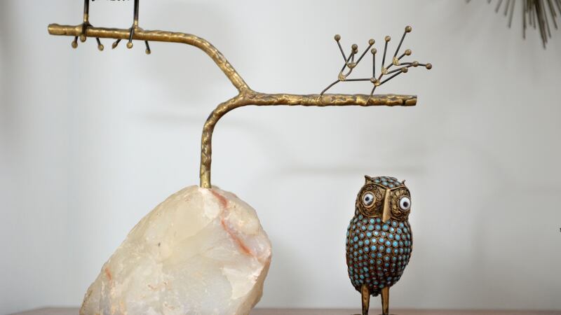 Large owl by  Curtis Jere. Small owl is  from Mexico. “They were both presents from my husband Killian,” says Barry. Photograph: Dara Mac Dónaill