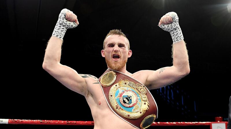 Hogan celebrates victory after a junior-middleweight bout against Jamie Weetch at Brisbane Convention & Exhibition Centre on December 15th, 2018. Photo: Bradley Kanaris/Getty Images