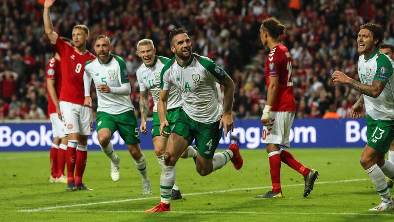 Shane Duffy celebrates equalising for Ireland in Copenhagen in June. Photograph: Ryan Byrne/Inpho